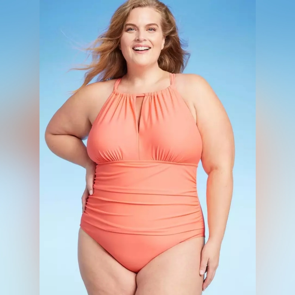 Kona Sol Peach Halter One-Piece Swimsuit NWT